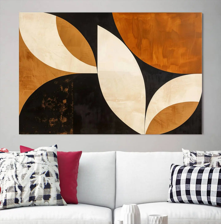 The walls are adorned with the Geometric Abstract Wall Art Canvas Print, a mid-century modern piece created with high-resolution printing on museum-quality canvas.