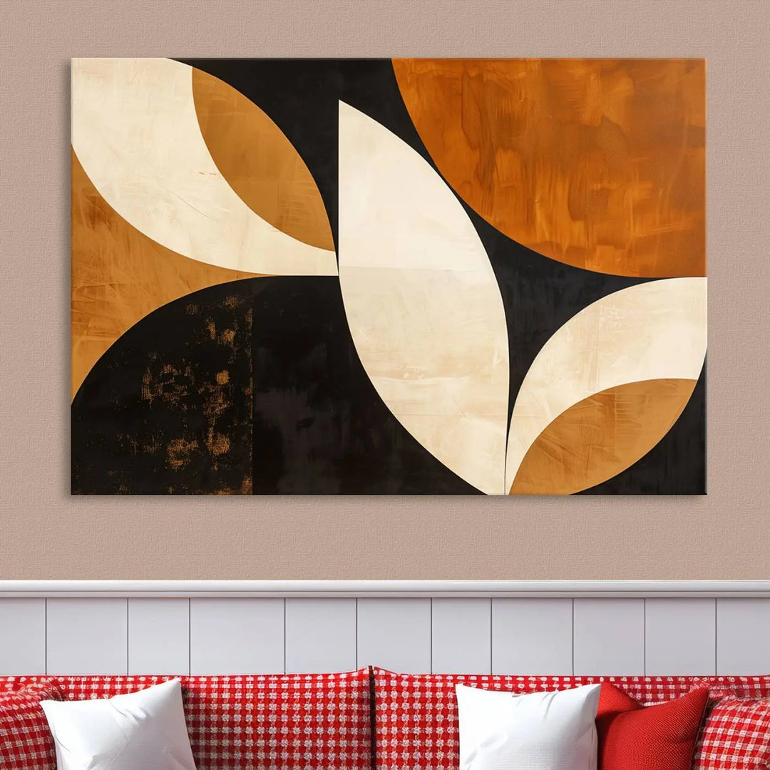 The walls are adorned with the Geometric Abstract Wall Art Canvas Print, a mid-century modern piece created with high-resolution printing on museum-quality canvas.