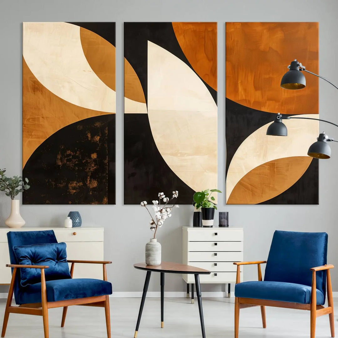 The walls are adorned with the Geometric Abstract Wall Art Canvas Print, a mid-century modern piece created with high-resolution printing on museum-quality canvas.