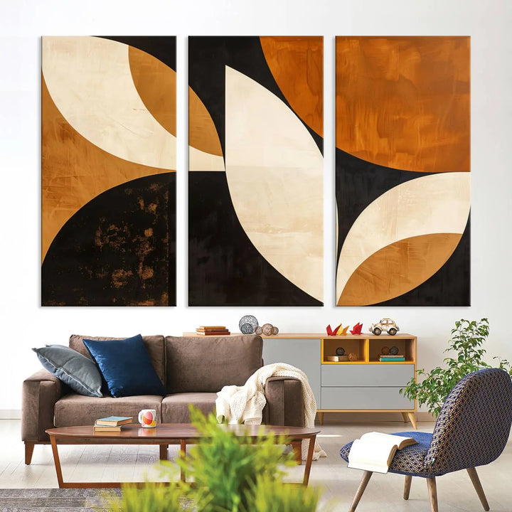 The walls are adorned with the Geometric Abstract Wall Art Canvas Print, a mid-century modern piece created with high-resolution printing on museum-quality canvas.