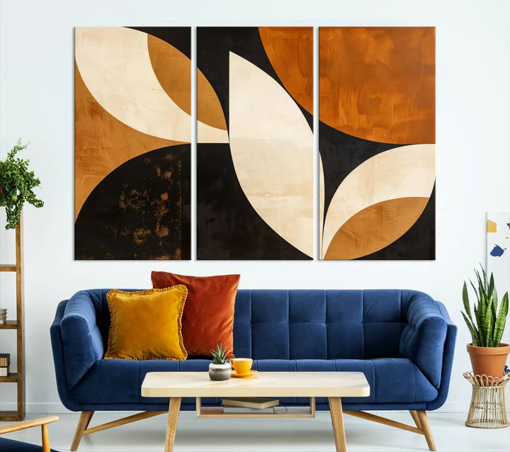 The walls are adorned with the Geometric Abstract Wall Art Canvas Print, a mid-century modern piece created with high-resolution printing on museum-quality canvas.