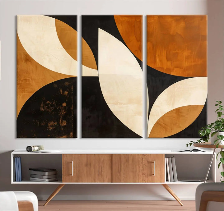 The walls are adorned with the Geometric Abstract Wall Art Canvas Print, a mid-century modern piece created with high-resolution printing on museum-quality canvas.