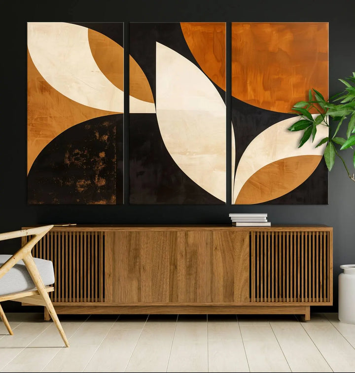 The walls are adorned with the Geometric Abstract Wall Art Canvas Print, a mid-century modern piece created with high-resolution printing on museum-quality canvas.