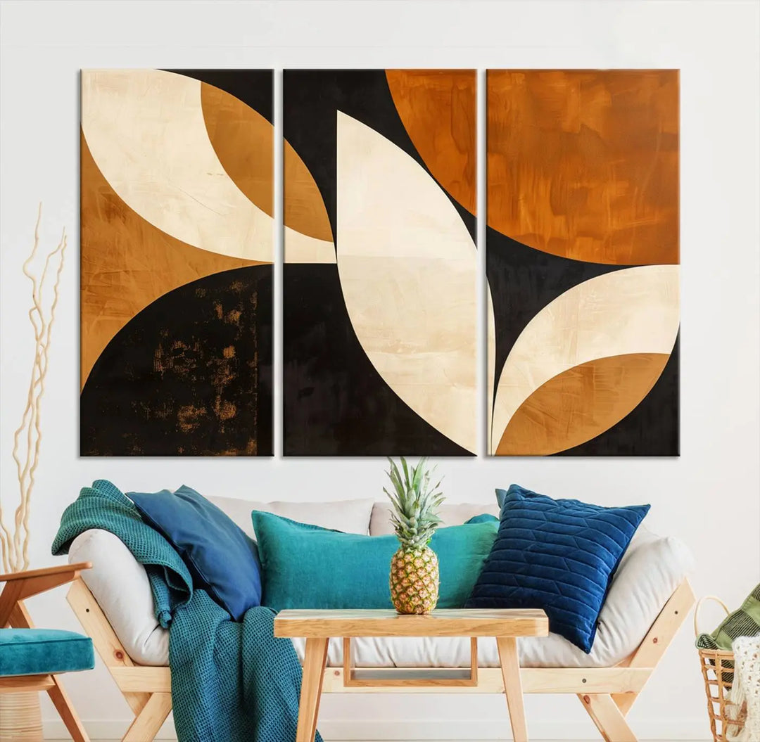 The walls are adorned with the Geometric Abstract Wall Art Canvas Print, a mid-century modern piece created with high-resolution printing on museum-quality canvas.