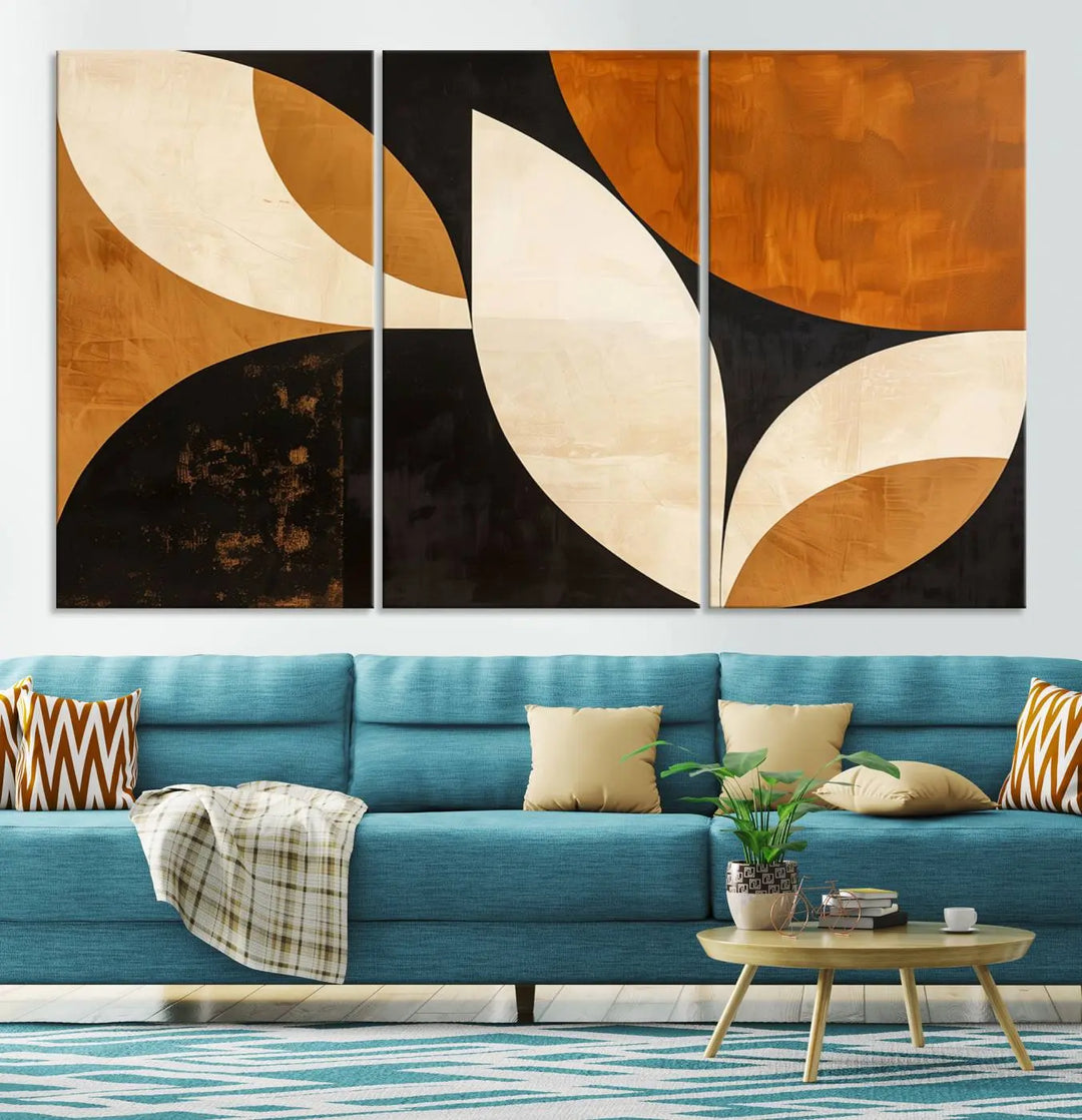 The walls are adorned with the Geometric Abstract Wall Art Canvas Print, a mid-century modern piece created with high-resolution printing on museum-quality canvas.