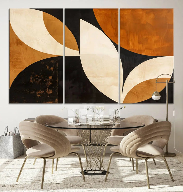 The walls are adorned with the Geometric Abstract Wall Art Canvas Print, a mid-century modern piece created with high-resolution printing on museum-quality canvas.