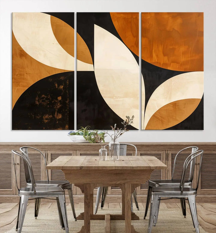 The walls are adorned with the Geometric Abstract Wall Art Canvas Print, a mid-century modern piece created with high-resolution printing on museum-quality canvas.