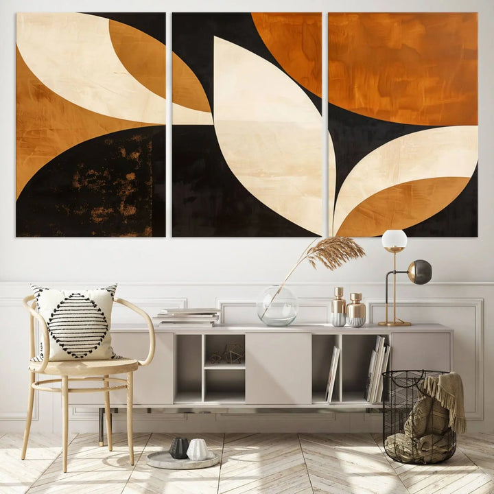 The walls are adorned with the Geometric Abstract Wall Art Canvas Print, a mid-century modern piece created with high-resolution printing on museum-quality canvas.