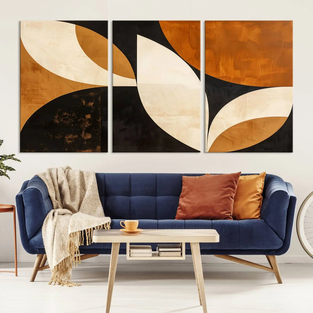 The walls are adorned with the Geometric Abstract Wall Art Canvas Print, a mid-century modern piece created with high-resolution printing on museum-quality canvas.