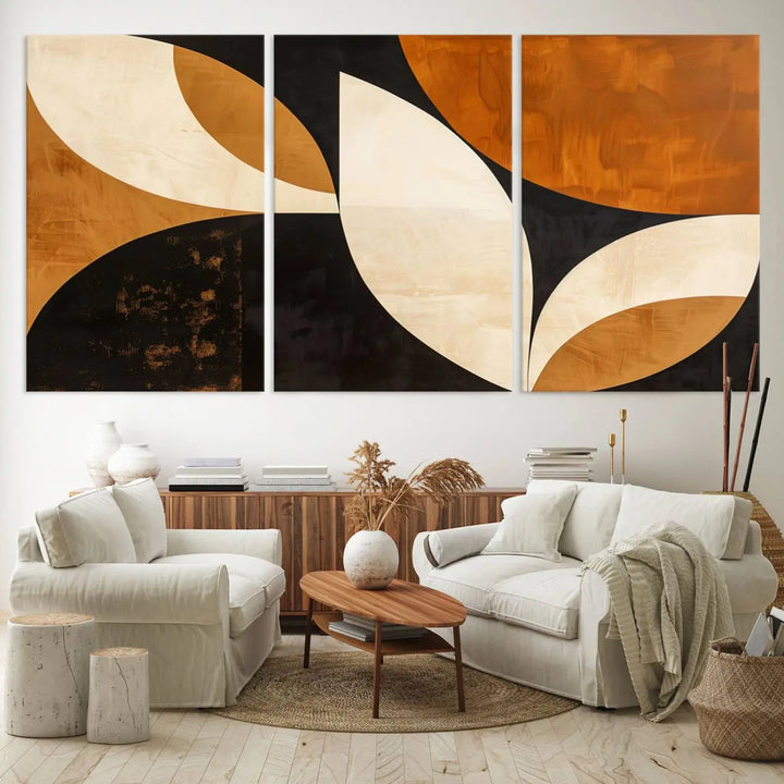 The walls are adorned with the Geometric Abstract Wall Art Canvas Print, a mid-century modern piece created with high-resolution printing on museum-quality canvas.