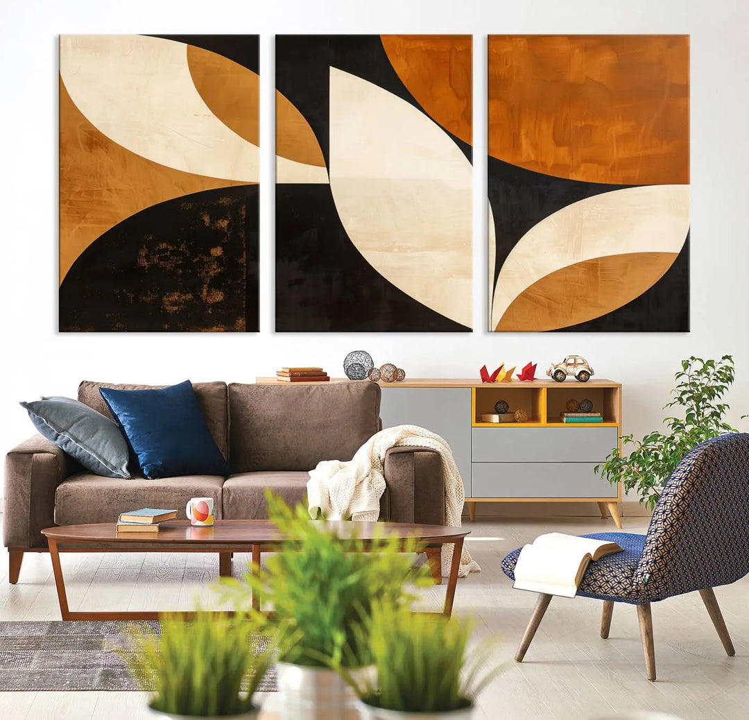 The walls are adorned with the Geometric Abstract Wall Art Canvas Print, a mid-century modern piece created with high-resolution printing on museum-quality canvas.