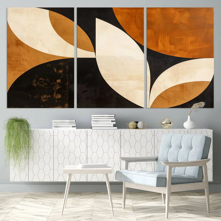 The walls are adorned with the Geometric Abstract Wall Art Canvas Print, a mid-century modern piece created with high-resolution printing on museum-quality canvas.