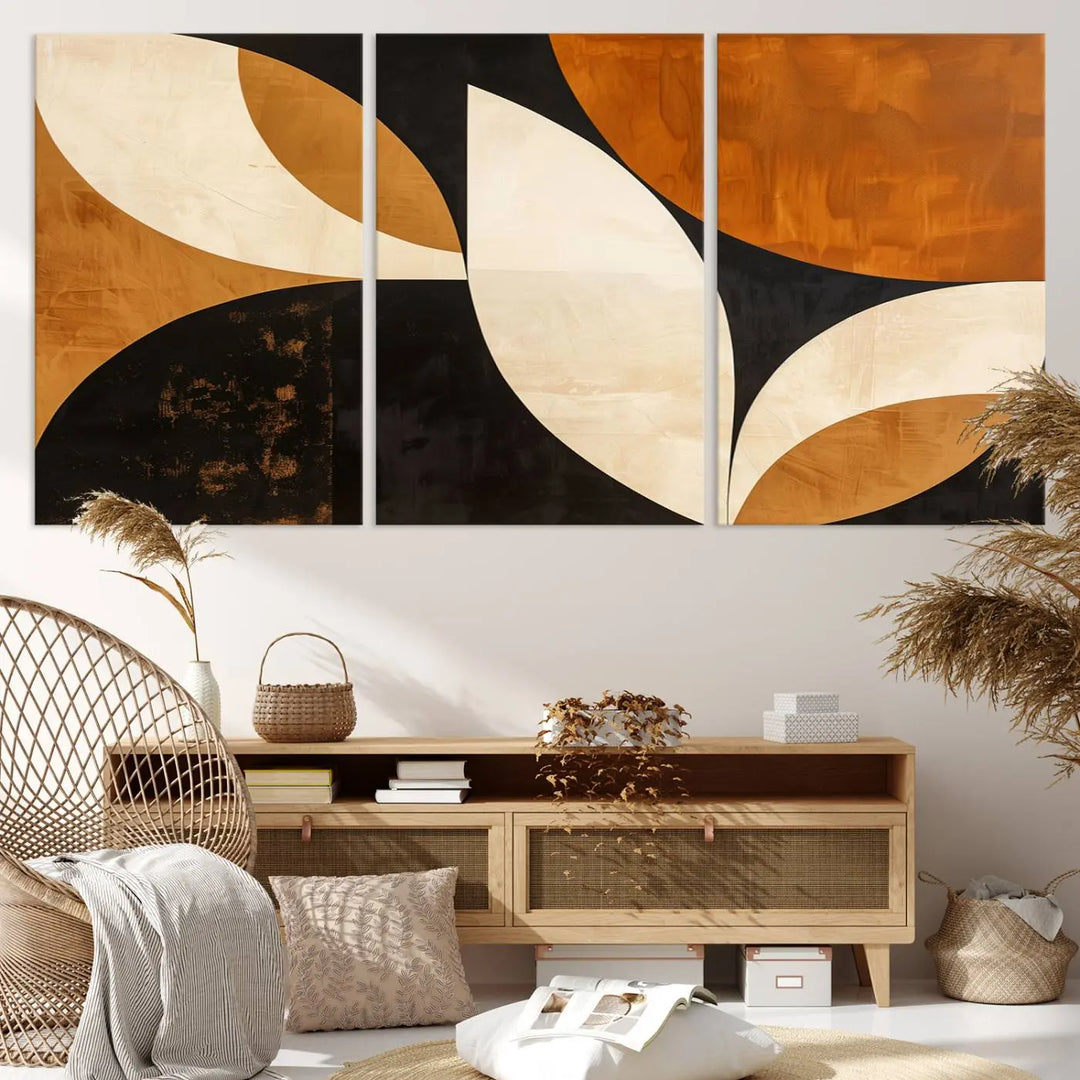 The walls are adorned with the Geometric Abstract Wall Art Canvas Print, a mid-century modern piece created with high-resolution printing on museum-quality canvas.