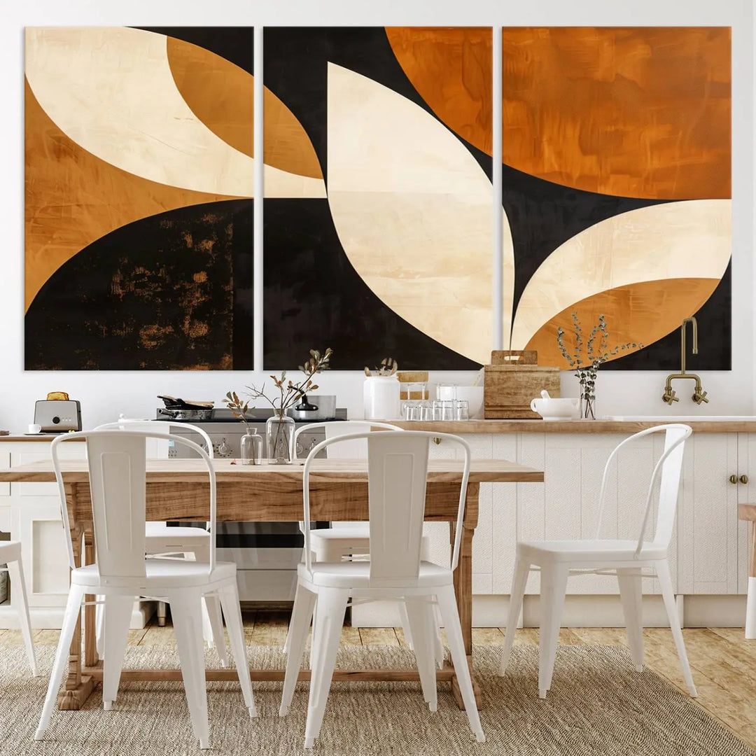 The walls are adorned with the Geometric Abstract Wall Art Canvas Print, a mid-century modern piece created with high-resolution printing on museum-quality canvas.