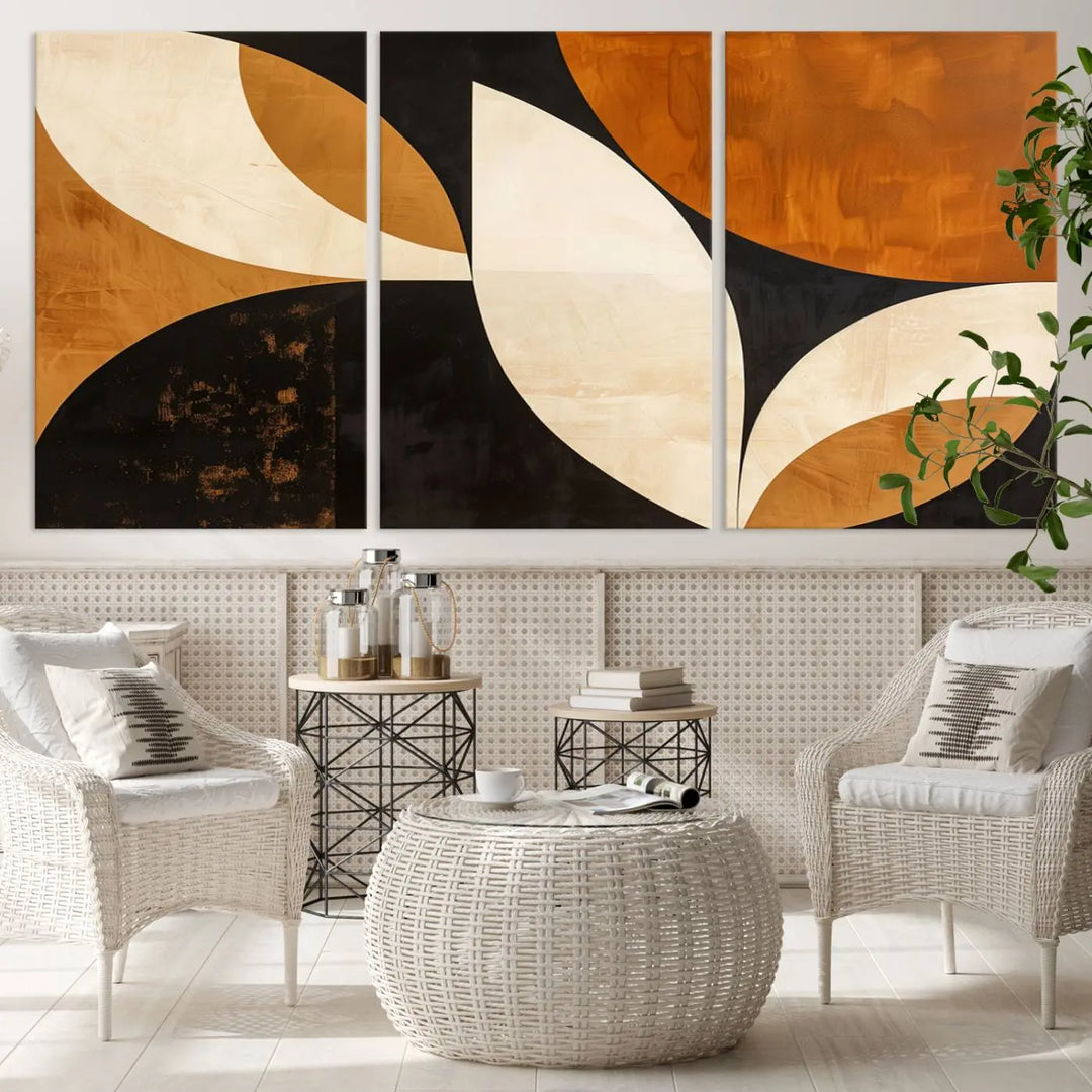 The walls are adorned with the Geometric Abstract Wall Art Canvas Print, a mid-century modern piece created with high-resolution printing on museum-quality canvas.