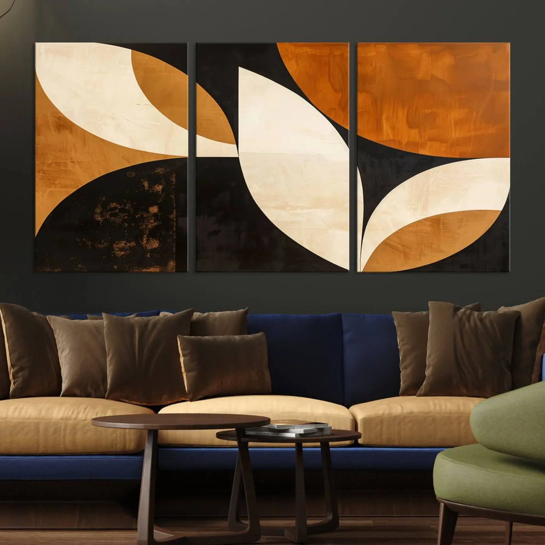 The walls are adorned with the Geometric Abstract Wall Art Canvas Print, a mid-century modern piece created with high-resolution printing on museum-quality canvas.