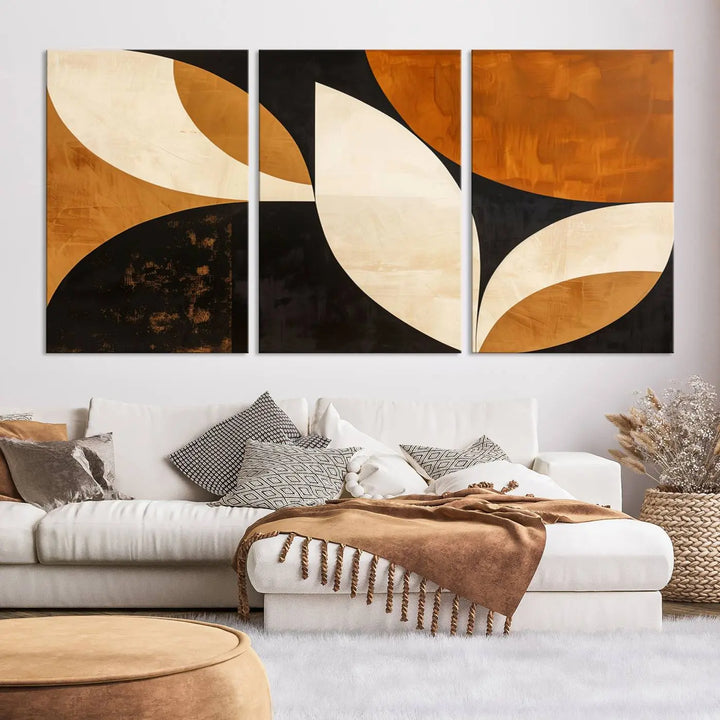 The walls are adorned with the Geometric Abstract Wall Art Canvas Print, a mid-century modern piece created with high-resolution printing on museum-quality canvas.