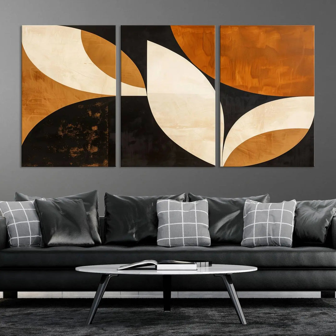 The walls are adorned with the Geometric Abstract Wall Art Canvas Print, a mid-century modern piece created with high-resolution printing on museum-quality canvas.