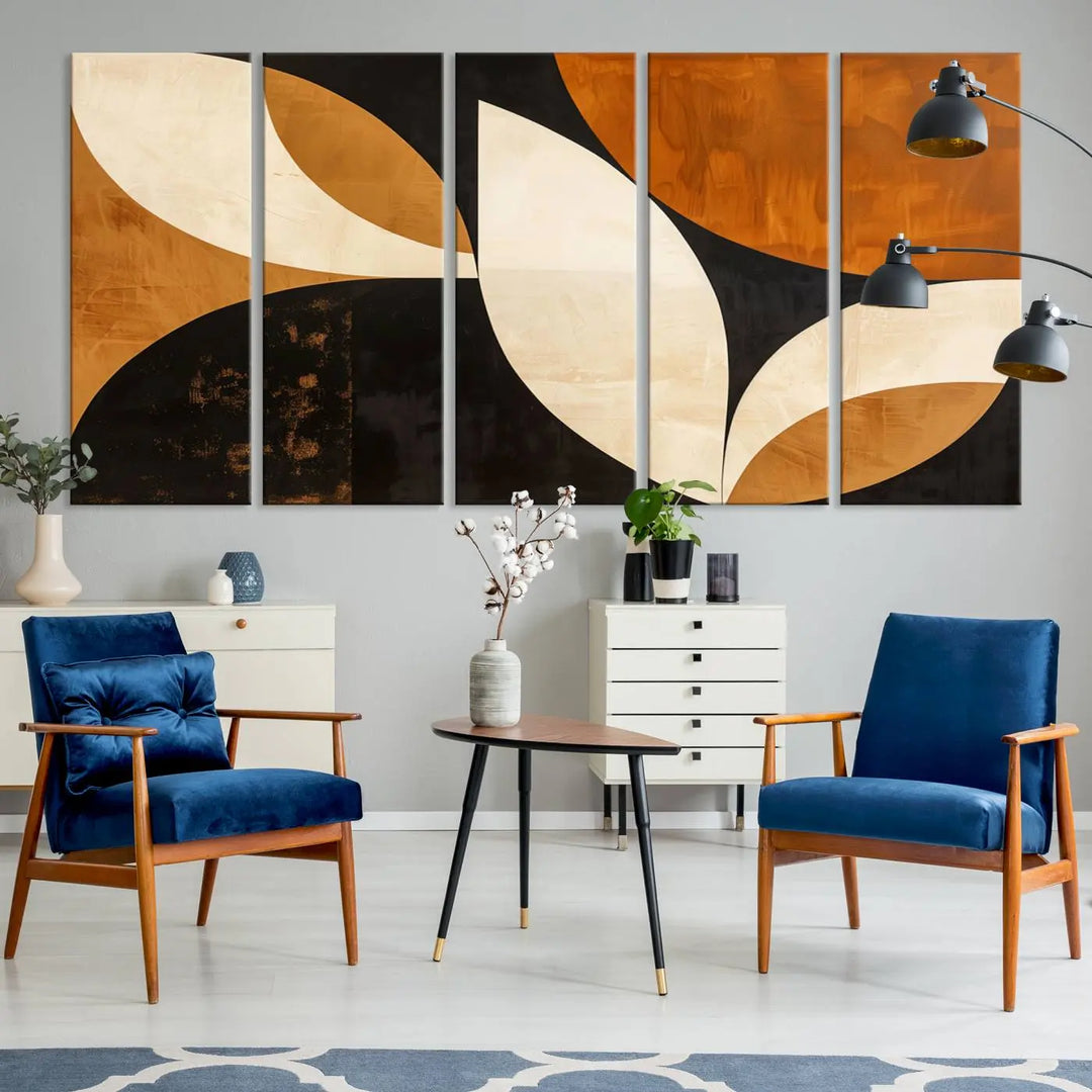 The walls are adorned with the Geometric Abstract Wall Art Canvas Print, a mid-century modern piece created with high-resolution printing on museum-quality canvas.