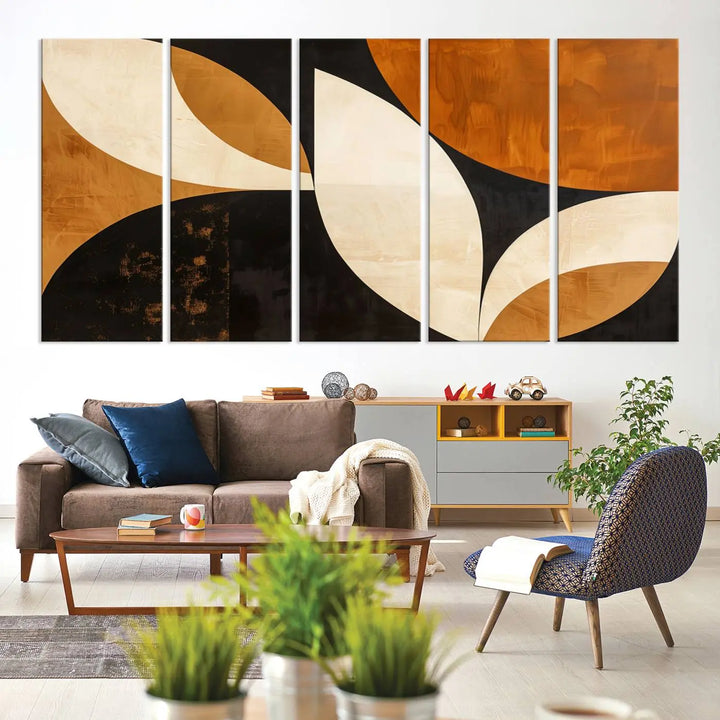 The walls are adorned with the Geometric Abstract Wall Art Canvas Print, a mid-century modern piece created with high-resolution printing on museum-quality canvas.