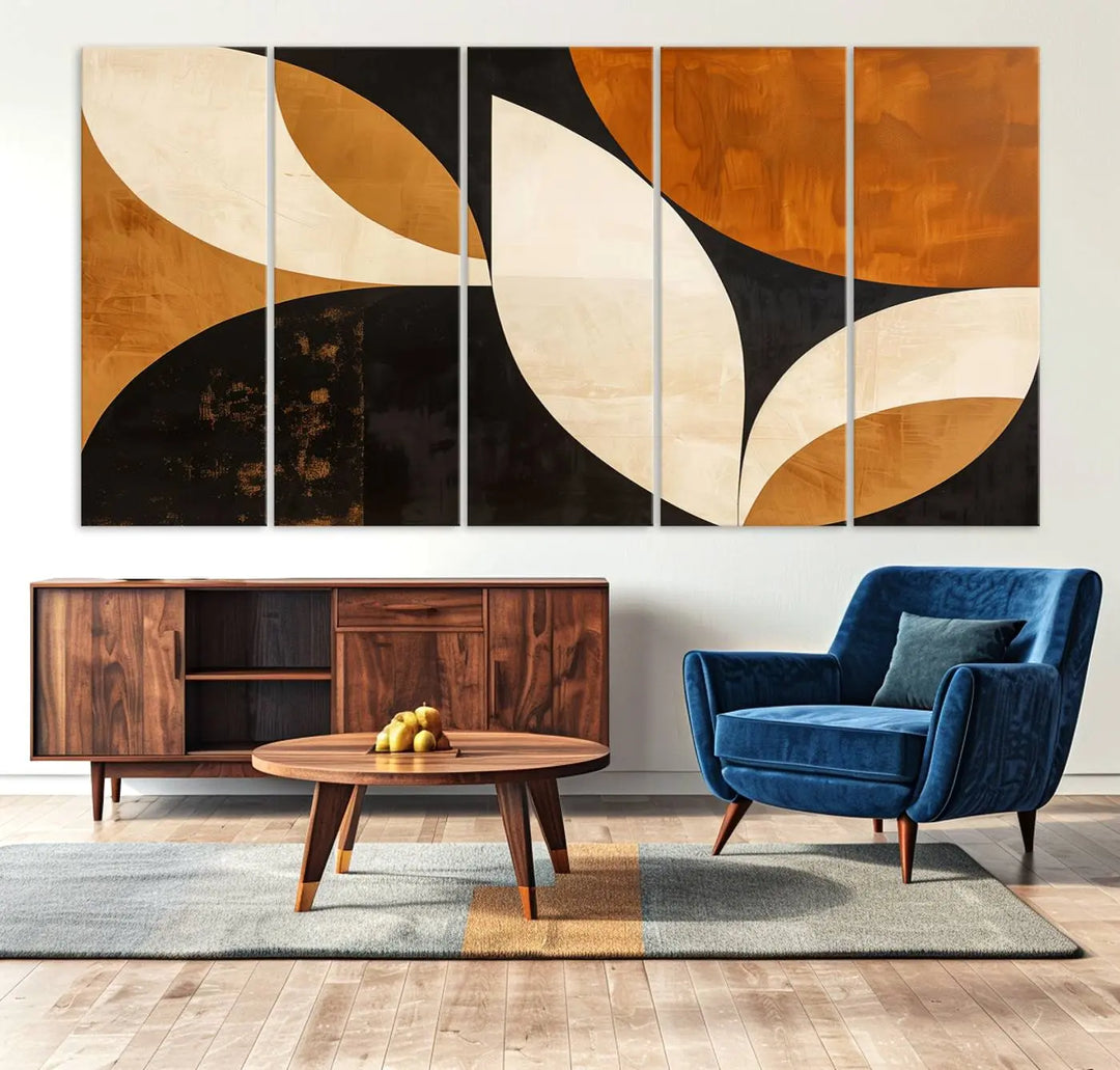 The walls are adorned with the Geometric Abstract Wall Art Canvas Print, a mid-century modern piece created with high-resolution printing on museum-quality canvas.