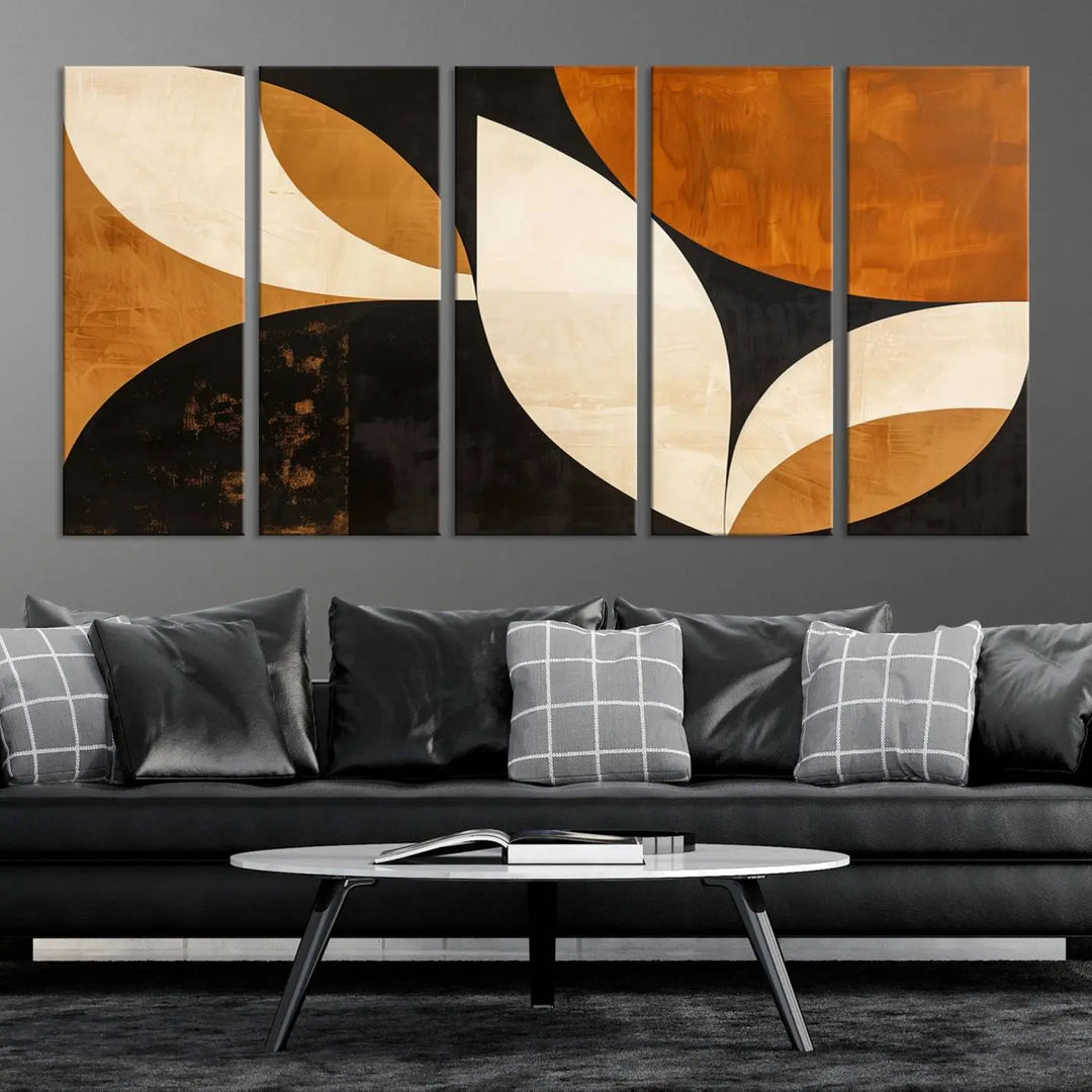 The walls are adorned with the Geometric Abstract Wall Art Canvas Print, a mid-century modern piece created with high-resolution printing on museum-quality canvas.