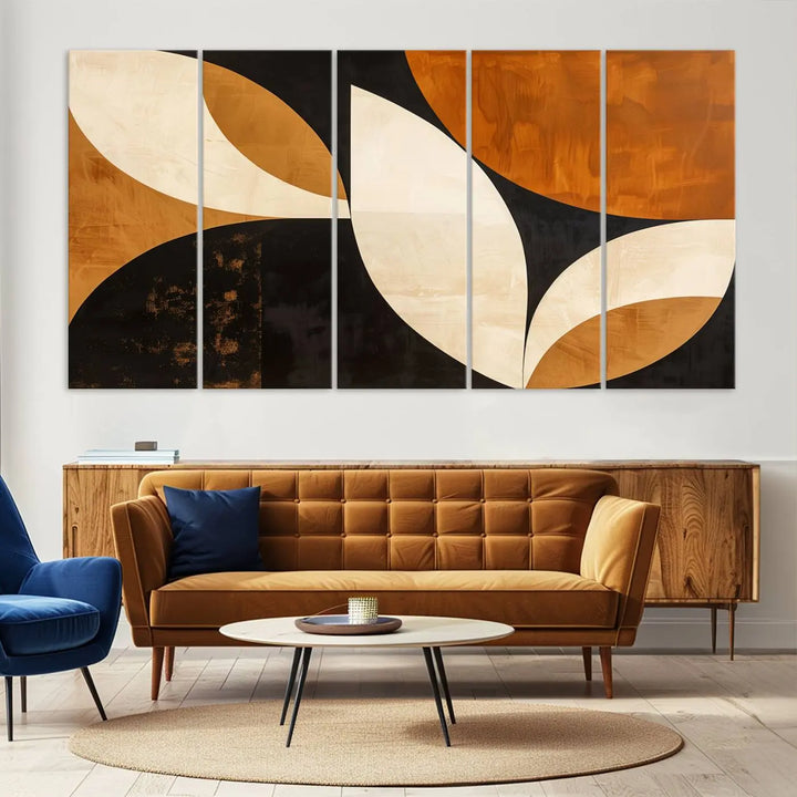 The walls are adorned with the Geometric Abstract Wall Art Canvas Print, a mid-century modern piece created with high-resolution printing on museum-quality canvas.