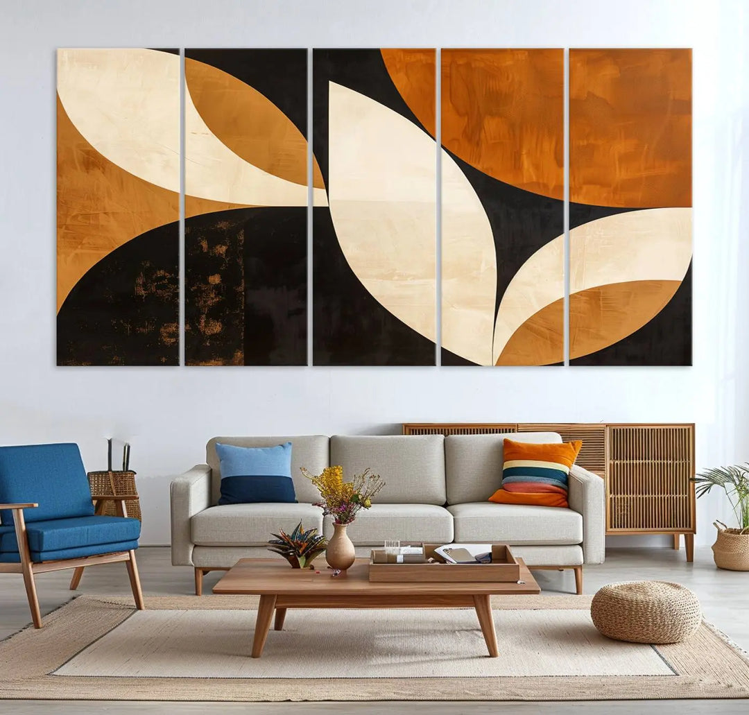 The walls are adorned with the Geometric Abstract Wall Art Canvas Print, a mid-century modern piece created with high-resolution printing on museum-quality canvas.