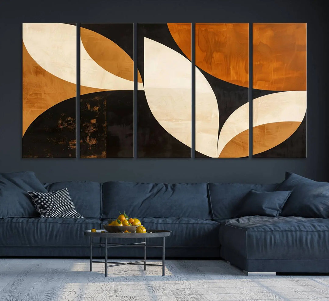 The walls are adorned with the Geometric Abstract Wall Art Canvas Print, a mid-century modern piece created with high-resolution printing on museum-quality canvas.