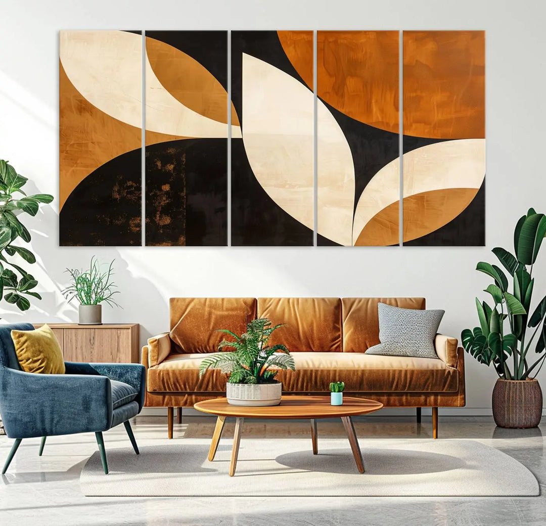 The walls are adorned with the Geometric Abstract Wall Art Canvas Print, a mid-century modern piece created with high-resolution printing on museum-quality canvas.