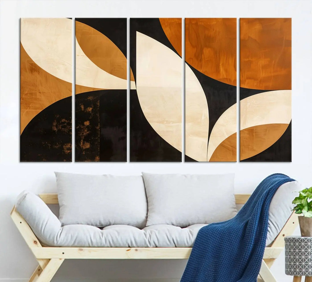 The walls are adorned with the Geometric Abstract Wall Art Canvas Print, a mid-century modern piece created with high-resolution printing on museum-quality canvas.