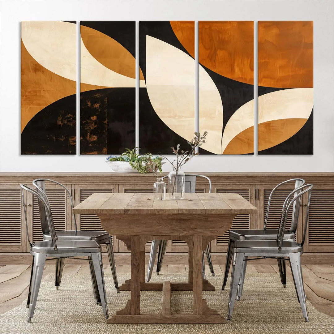 The walls are adorned with the Geometric Abstract Wall Art Canvas Print, a mid-century modern piece created with high-resolution printing on museum-quality canvas.