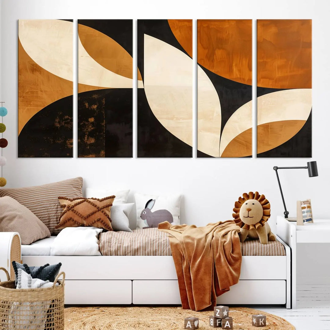 The walls are adorned with the Geometric Abstract Wall Art Canvas Print, a mid-century modern piece created with high-resolution printing on museum-quality canvas.