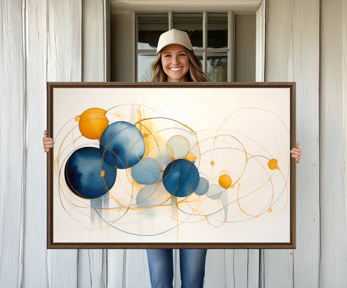 36188-MGV-CV-36X24-Geometric Blue Orange Abstract Wall Art Canvas, Geometric Blue Orange Canvas Print