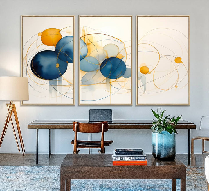 36188-MGV-FC-48X32-3P_Natural-Geometric Blue Orange Abstract Wall Art Canvas, Geometric Blue Orange Canvas Print