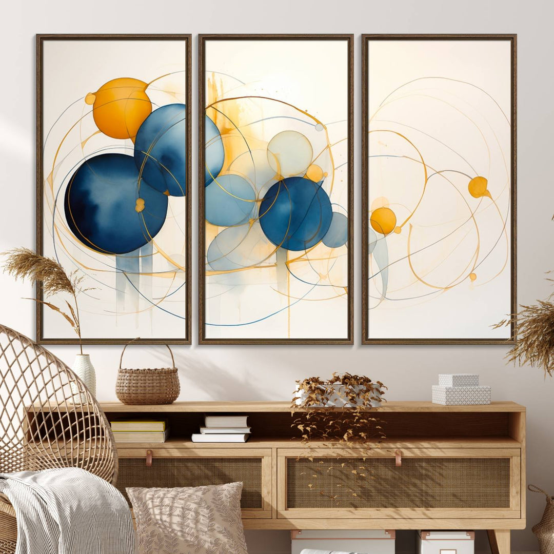 36188-MGV-FC-48X32-3P_Walnut-Geometric Blue Orange Abstract Wall Art Canvas, Geometric Blue Orange Canvas Print