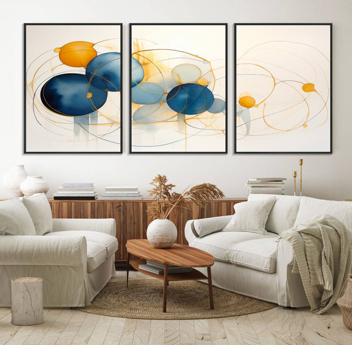 36188-MGV-FC-60X30-3P_Black-Geometric Blue Orange Abstract Wall Art Canvas, Geometric Blue Orange Canvas Print