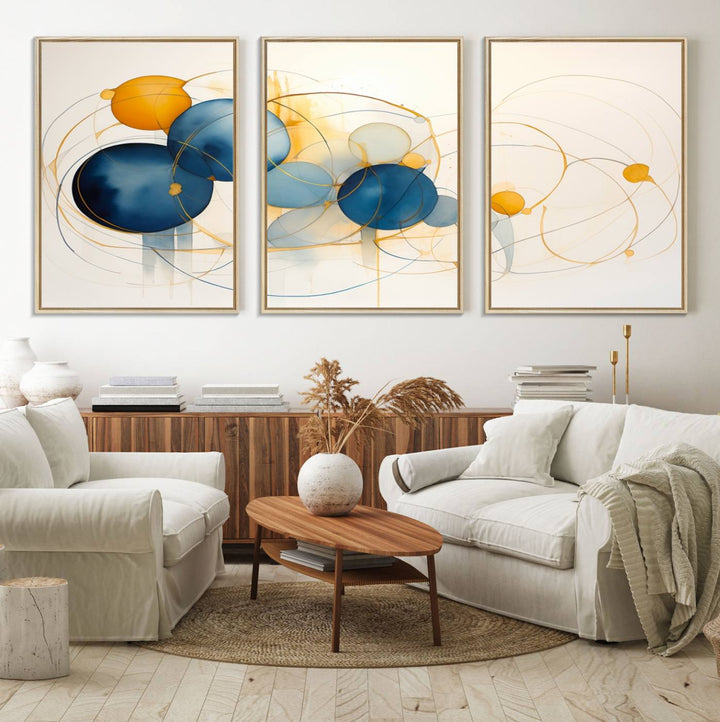 36188-MGV-FC-60X30-3P_Natural-Geometric Blue Orange Abstract Wall Art Canvas, Geometric Blue Orange Canvas Print