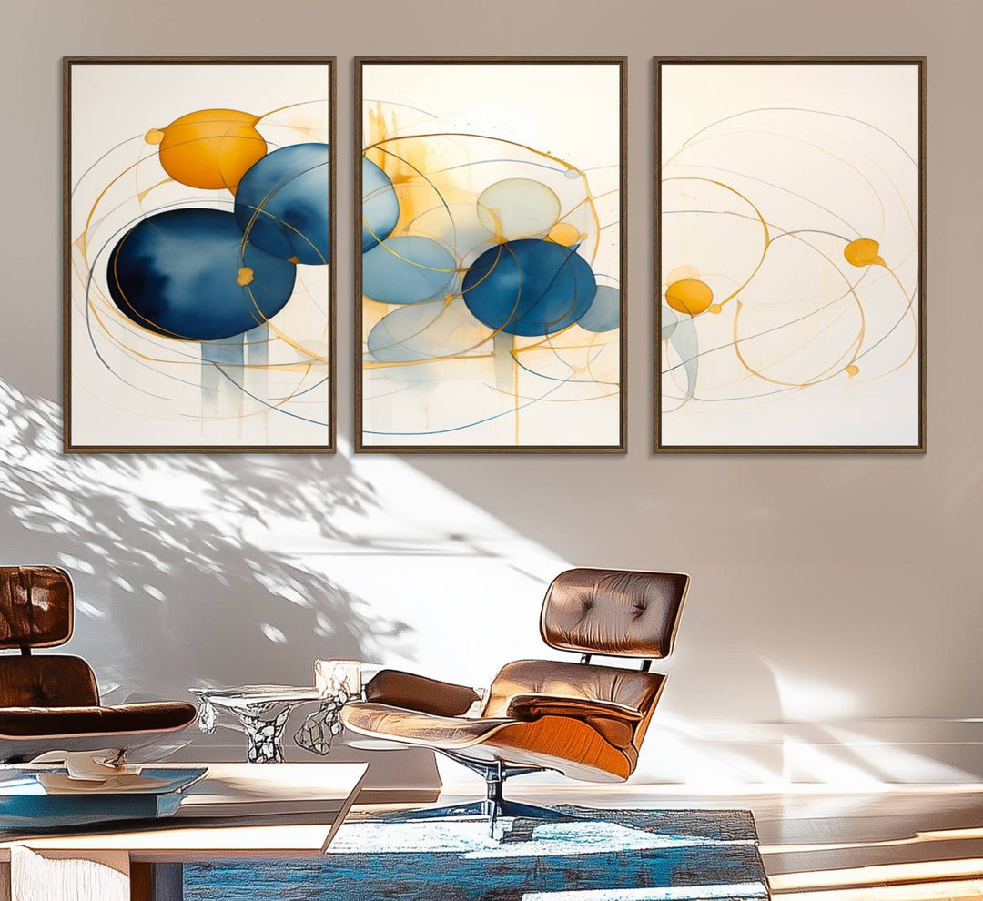 36188-MGV-FC-60X30-3P_Walnut-Geometric Blue Orange Abstract Wall Art Canvas, Geometric Blue Orange Canvas Print