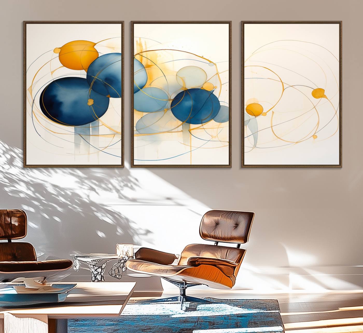 36188-MGV-FC-60X30-3P_Walnut-Geometric Blue Orange Abstract Wall Art Canvas, Geometric Blue Orange Canvas Print