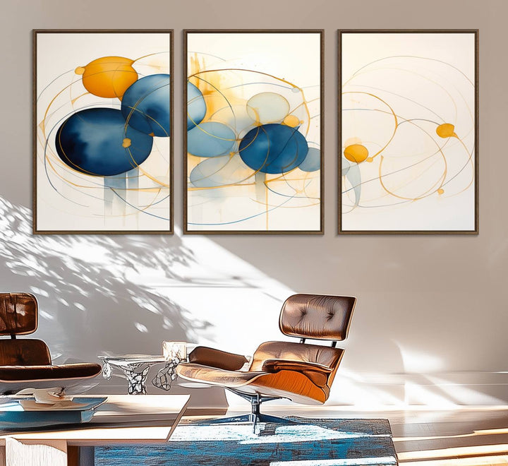 36188-MGV-FC-60X30-3P_Walnut-Geometric Blue Orange Abstract Wall Art Canvas, Geometric Blue Orange Canvas Print