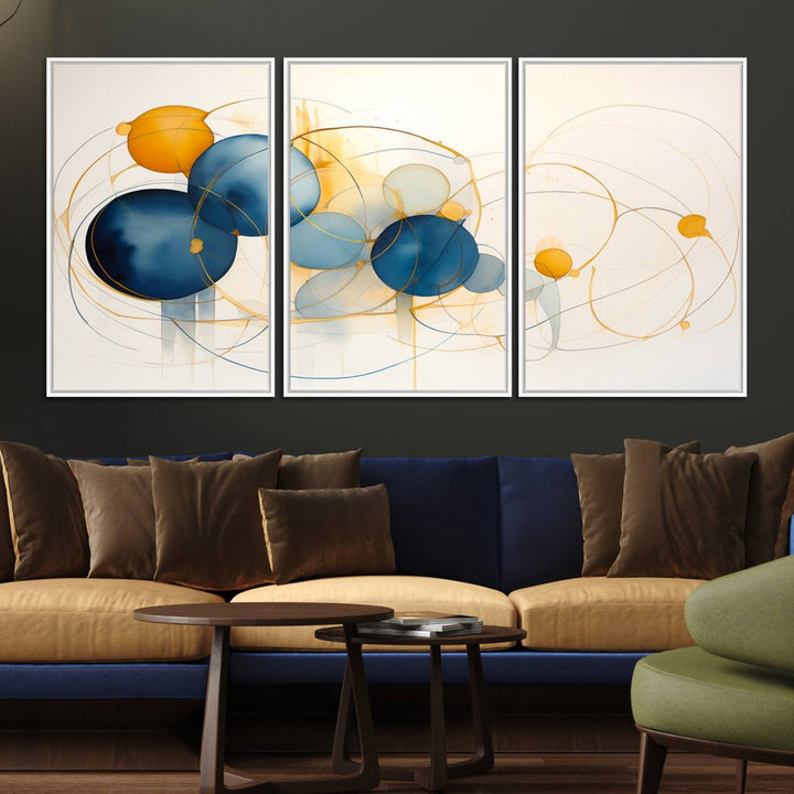 36188-MGV-FC-60X30-3P_White-Geometric Blue Orange Abstract Wall Art Canvas, Geometric Blue Orange Canvas Print
