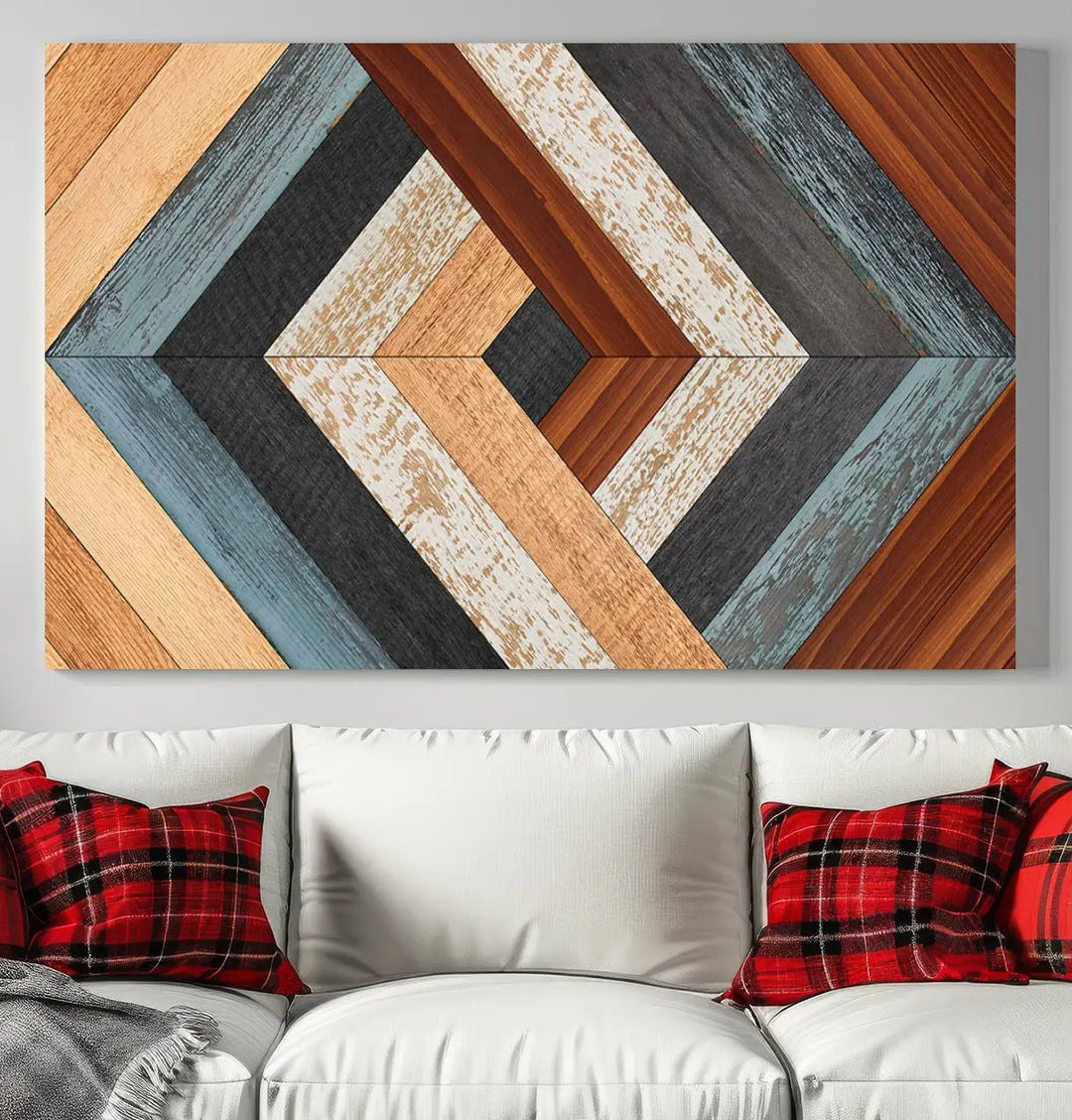 Above the blue sofa hangs the Geometric Wood Art Wall Decor Canvas Print, Rustic Wooden Pattern Triptych Wall Art for Living Room – Ready to Hang. This piece adds rustic charm to the space with its unique wall decor.