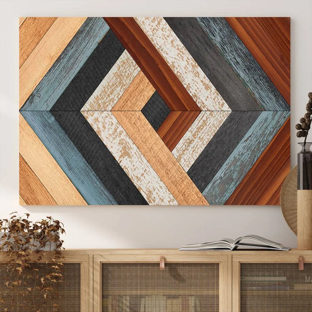 Above the blue sofa hangs the Geometric Wood Art Wall Decor Canvas Print, Rustic Wooden Pattern Triptych Wall Art for Living Room – Ready to Hang. This piece adds rustic charm to the space with its unique wall decor.