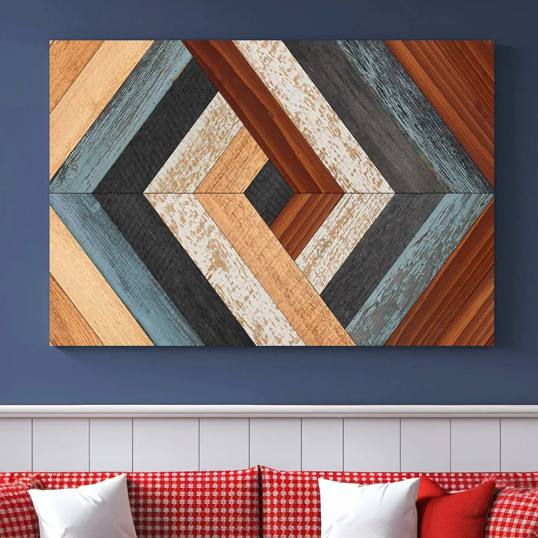 Above the blue sofa hangs the Geometric Wood Art Wall Decor Canvas Print, Rustic Wooden Pattern Triptych Wall Art for Living Room – Ready to Hang. This piece adds rustic charm to the space with its unique wall decor.