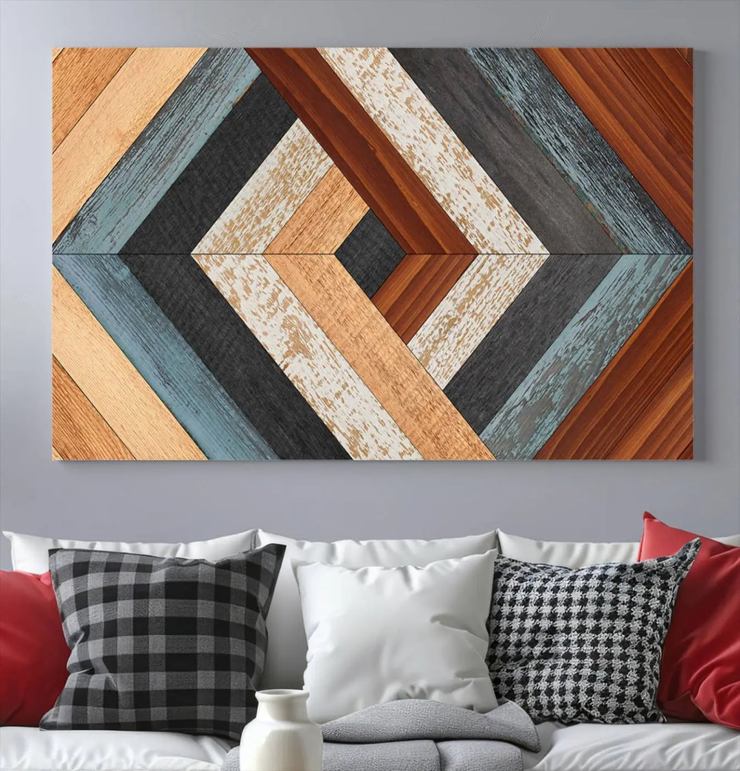 Above the blue sofa hangs the Geometric Wood Art Wall Decor Canvas Print, Rustic Wooden Pattern Triptych Wall Art for Living Room – Ready to Hang. This piece adds rustic charm to the space with its unique wall decor.