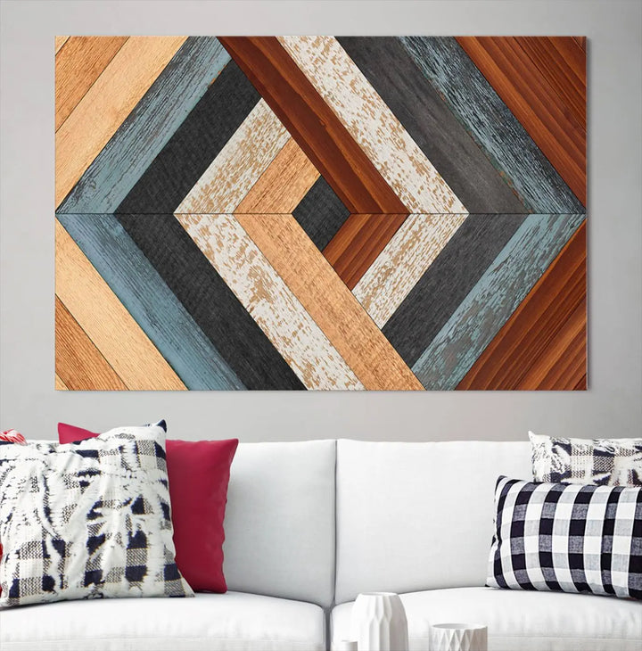 Above the blue sofa hangs the Geometric Wood Art Wall Decor Canvas Print, Rustic Wooden Pattern Triptych Wall Art for Living Room – Ready to Hang. This piece adds rustic charm to the space with its unique wall decor.