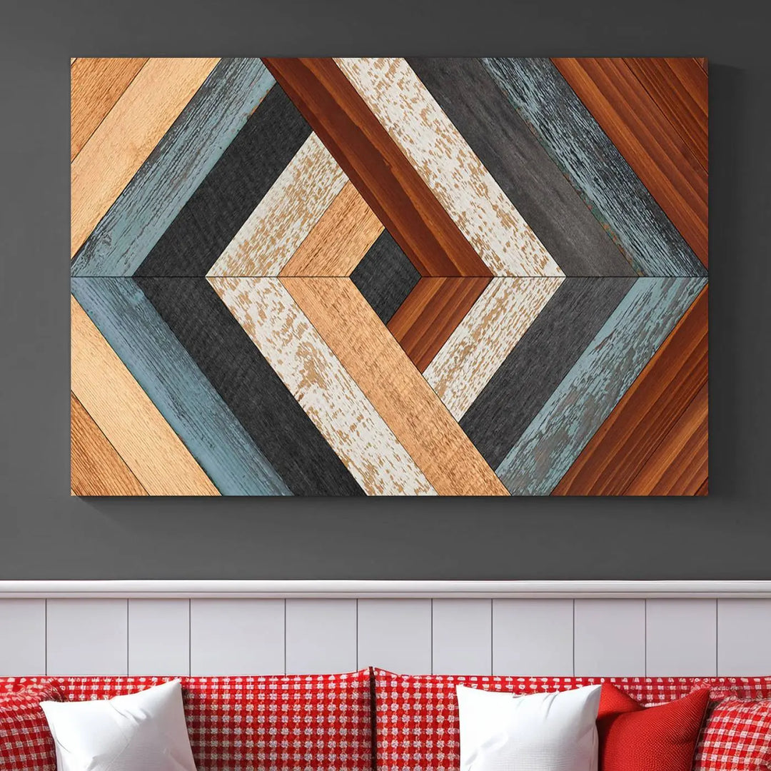 Above the blue sofa hangs the Geometric Wood Art Wall Decor Canvas Print, Rustic Wooden Pattern Triptych Wall Art for Living Room – Ready to Hang. This piece adds rustic charm to the space with its unique wall decor.