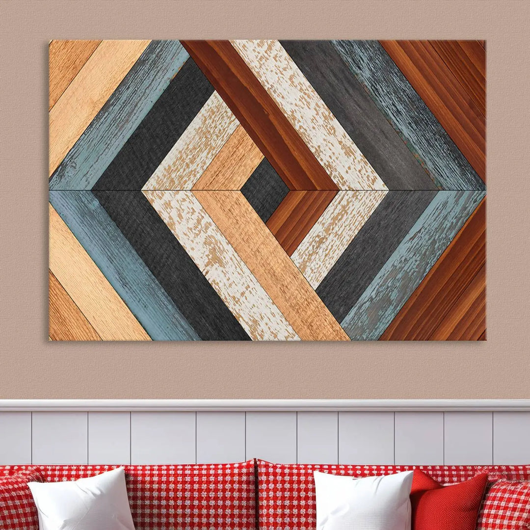 Above the blue sofa hangs the Geometric Wood Art Wall Decor Canvas Print, Rustic Wooden Pattern Triptych Wall Art for Living Room – Ready to Hang. This piece adds rustic charm to the space with its unique wall decor.