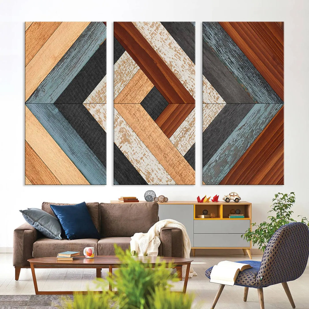 Above the blue sofa hangs the Geometric Wood Art Wall Decor Canvas Print, Rustic Wooden Pattern Triptych Wall Art for Living Room – Ready to Hang. This piece adds rustic charm to the space with its unique wall decor.